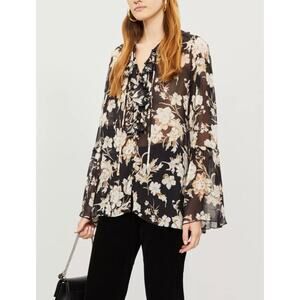 The Kooples Paris Womens S Black Floral Ruffle Viscose Muslin Blouse NEW